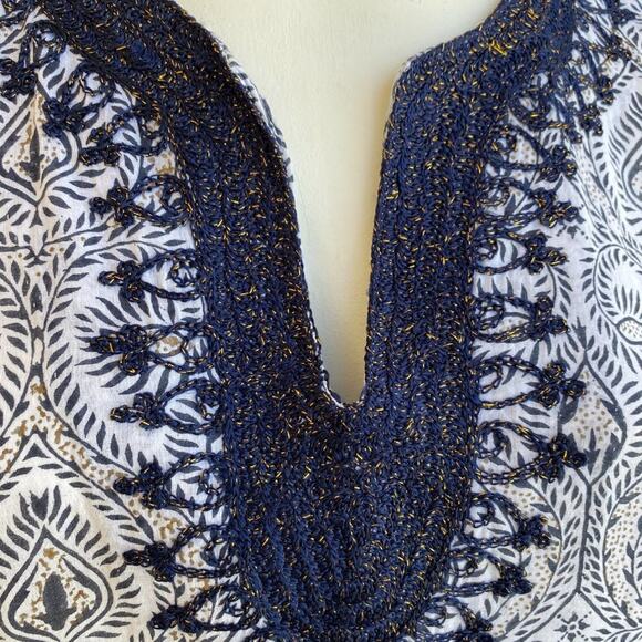 Roller Rabbit Cover-Up Tunic Dress Navy Gold Embroidery Print Blue sz M - Picture 3 of 10